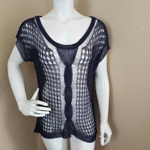 YELLOW BIRD Anthropologie Crochet Navy Short Sleeve Sweater Top~Size M